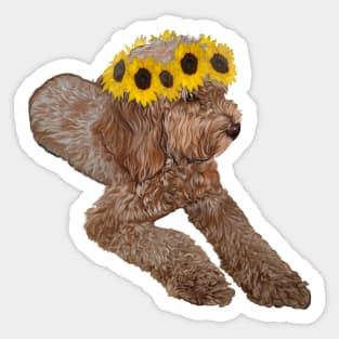 Hippie boho Cavapoo Cavoodle puppy with flower crown - cute cavalier king charles spaniel with sunflowers in hair Sticker